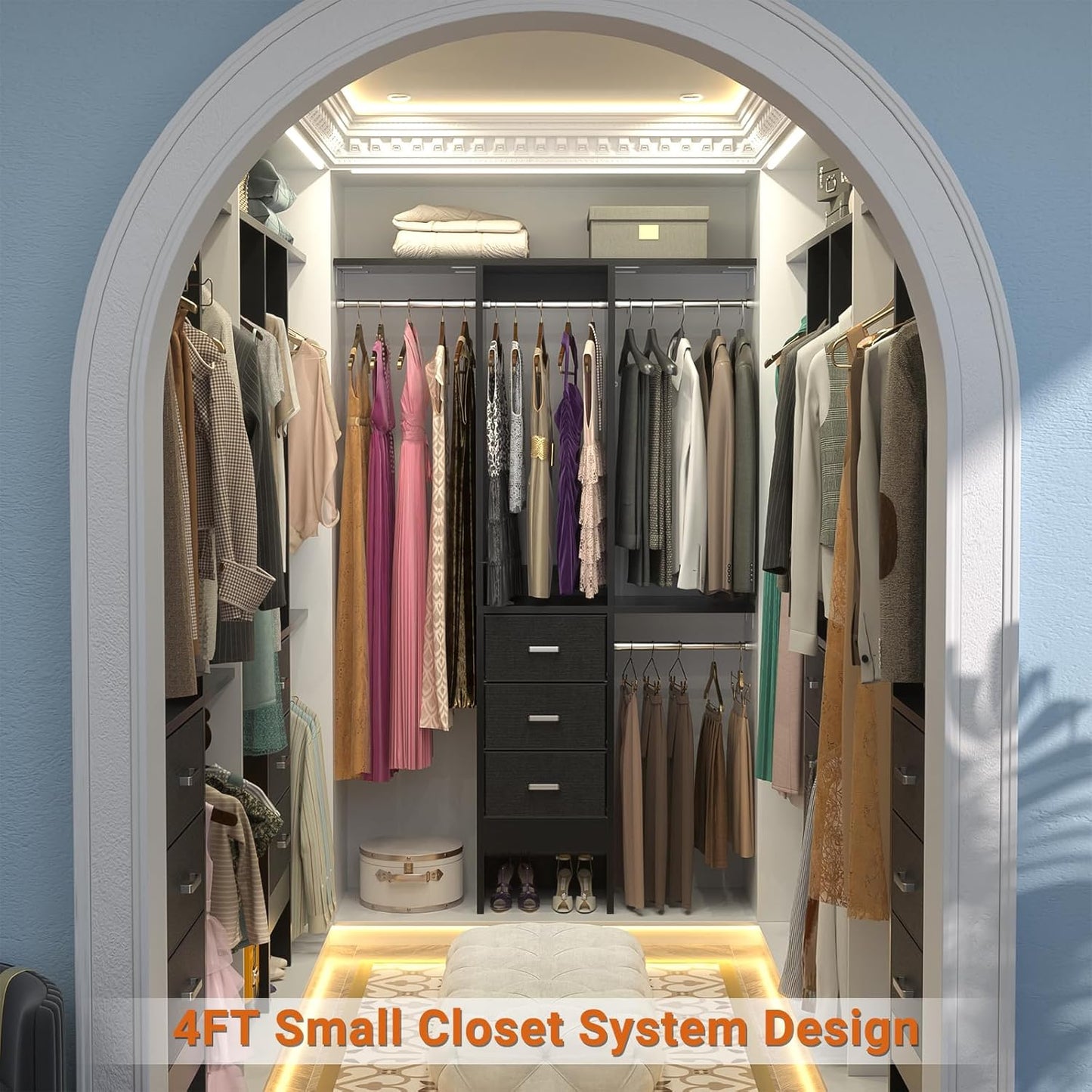 4FT Small Closet System with 3 Fabric Drawers, 48'' Closet Organizer System With 3 Adjustable Shelves, Flexible Built-In Clothes Garment Rack for Small Space, 48" L x 13" W x 71" H, Black