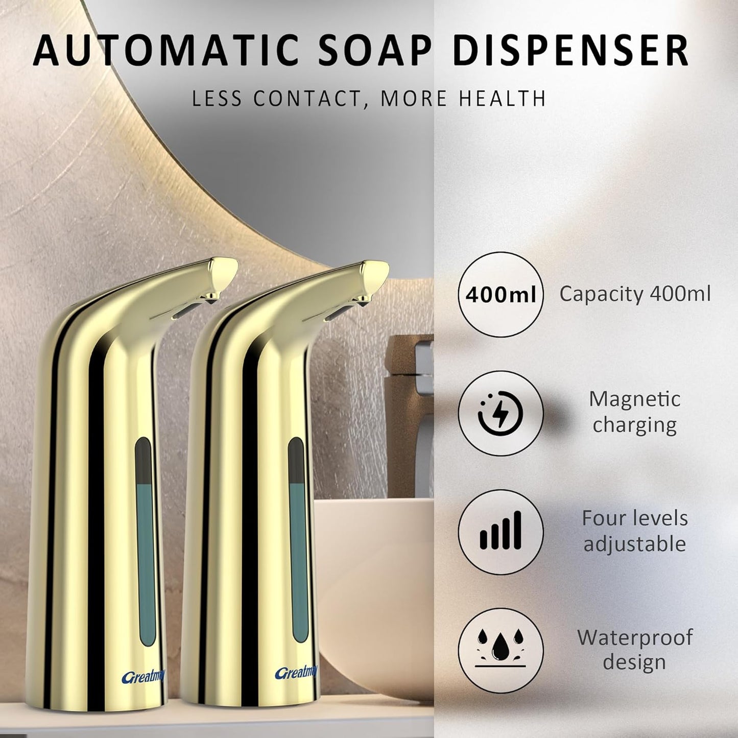 Convenient Automatic Soap Dispenser,4 Adjustable Levels Touchless Hand Sanitizer Pump with Infrared Sensor, 400 ml Countertop Electric Soap Dispenser for Bathroom,Kitchen (Gold2)