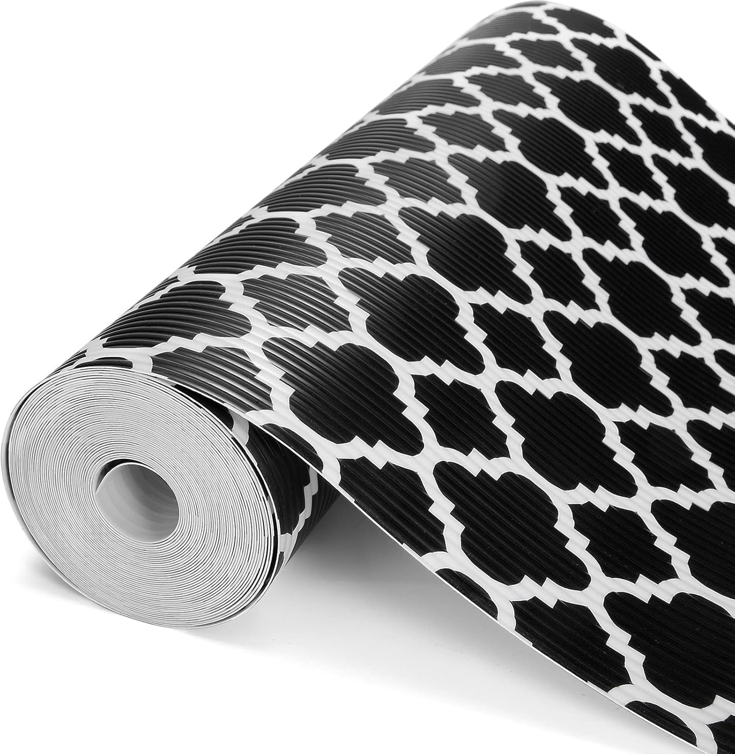 Glotoch Shelf Liners for Kitchen Cabinets 17.5” x 30 ft, Non Slip Drawer Liner, Waterproof Cabinet Liner for Wire/Pantry/Closet/Dresser-Non Adhesive, Heavy Duty, Quatrefoil, Black&White
