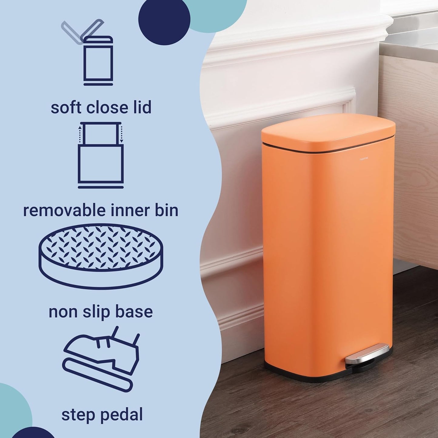 happimess HPM1011K Curtis 8-Gallon Step-Open Trash Can, Carrot Cake,with Soft-Close Lid, Fingerprint Resistant, Modern, Minimalistic for Home, Kitchen, Laundry Room, Office, Bedroom, Bathroom
