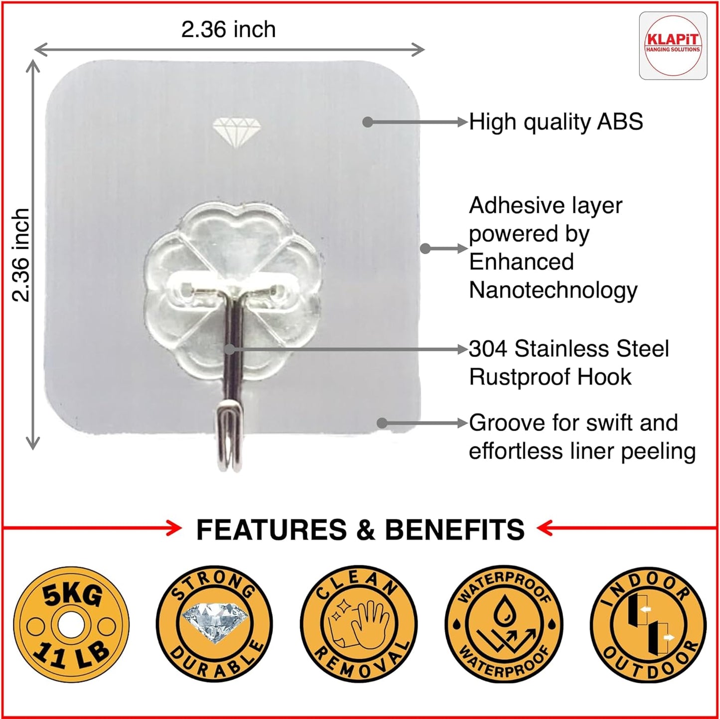 KLAPiT Super Hook - Heavy-Duty Adhesive Clear Wall Hooks, Holds Up to 11 lbs, Waterproof, No Damage, Easy Install on Tile, Wood, Stone, Glass & Metal - Made of Steel (Clear, 8pc)