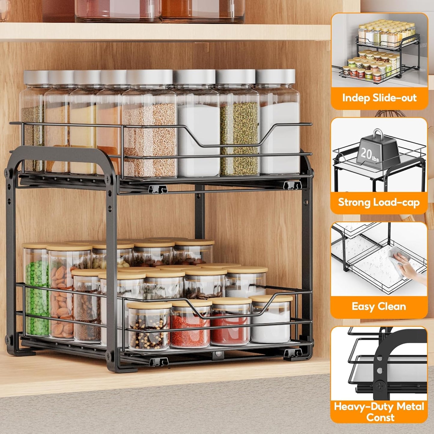 Spice Rack Organizer for Cabinet, 2 Tier Vertical Pull Out Spice Rack – Heavy Duty Metal Spice Organization for Cabinet, 40-Jar Capacity, Height Adjustable Cabinet Organizer (9"W×10.5"D×9"H, Black)