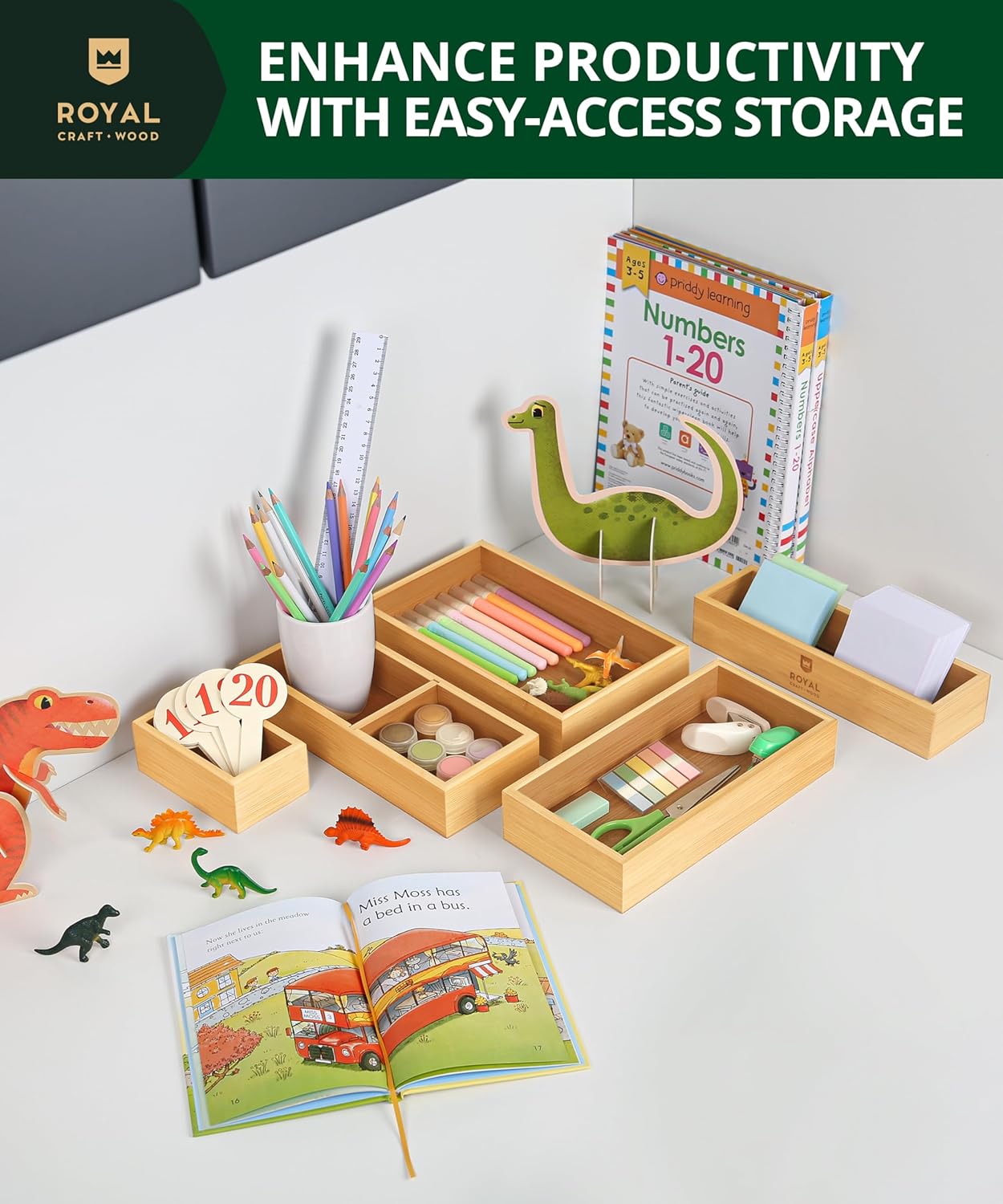 ROYAL CRAFT WOOD 5-Piece Bamboo Drawer Organizer Set – Multi-Use Storage Trays for Kitchen, Bathroom, Office, Makeup, Jewelry & More – Junk Drawer Tray, Utensil Holder, Storage Box & Bin Set (5 Boxes)