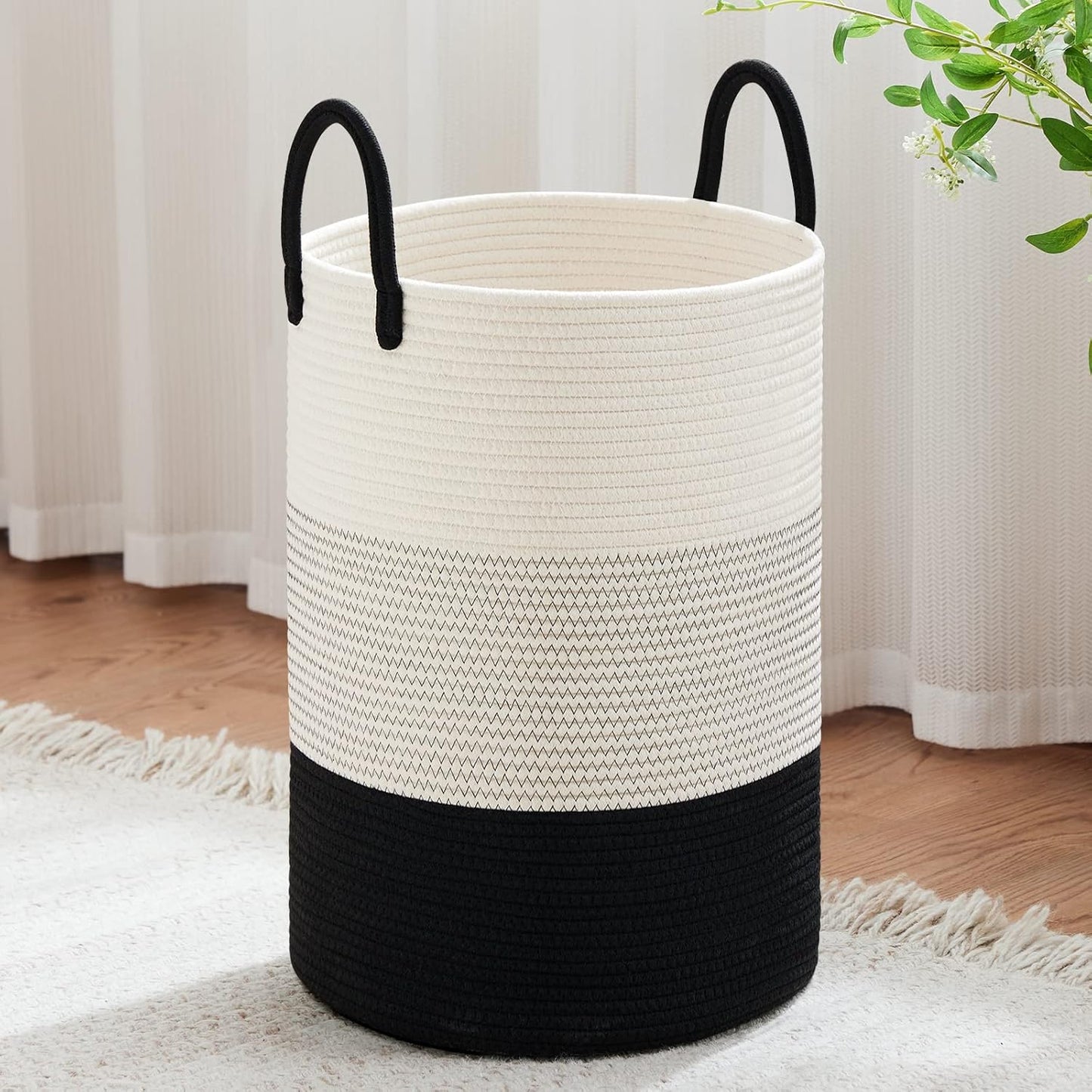 VIPOSCO Large Laundry Hamper, Tall Woven Rope Storage Basket for Blanket, Toys, Dirty Clothes in Living Room, Bathroom, Bedroom - 72L White & Black