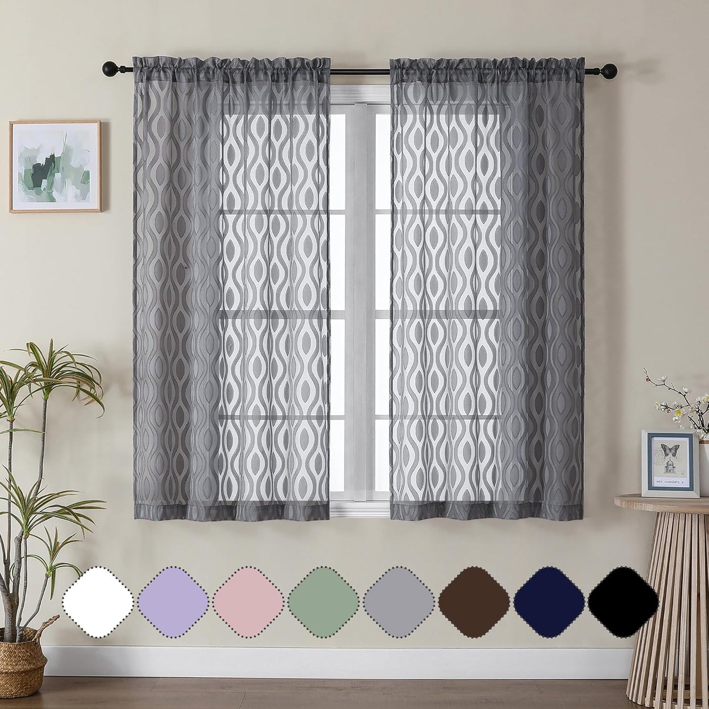 Aiyufeng Sheer Grey Curtains 54 Inch Length 2 Panels, Soft Lightweight Clip Jacquard Textured, Modern Wavy Line Voile for Bedroom Living Room, 40" W x 54" L