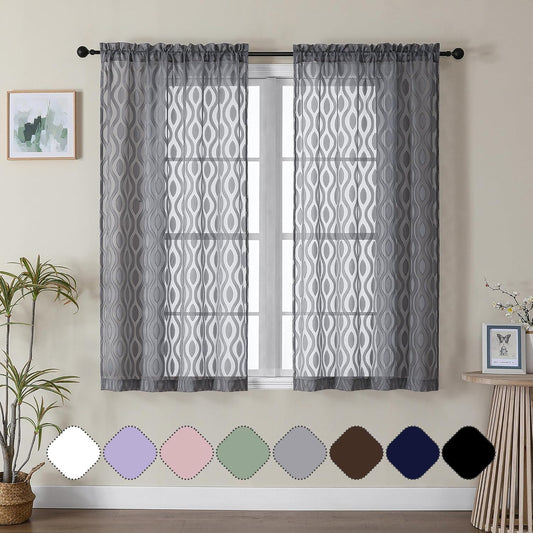 Aiyufeng Sheer Grey Curtains 54 Inch Length 2 Panels, Soft Lightweight Clip Jacquard Textured, Modern Wavy Line Voile for Bedroom Living Room, 40" W x 54" L