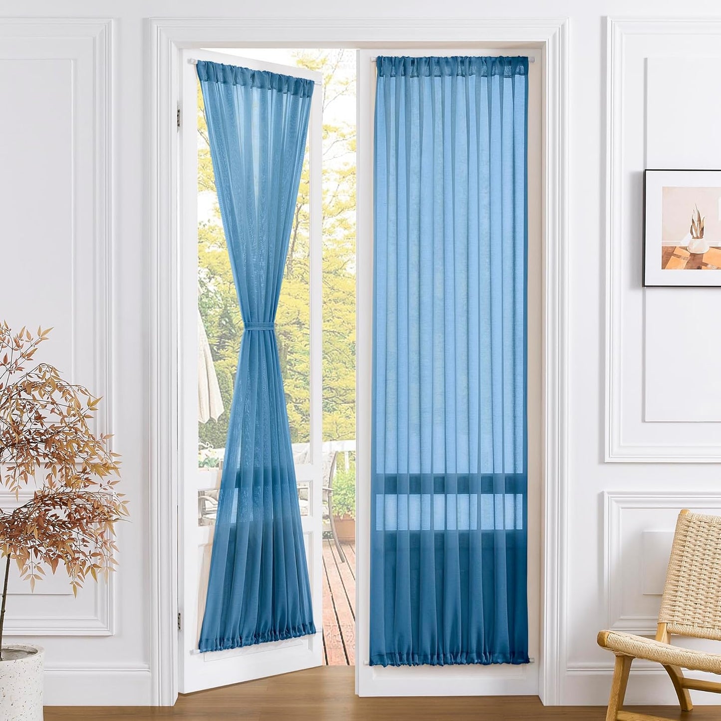 Tollpiz Sheer Door Curtain Closet Linen Textured Curtains Sheer Doorway Light Filtering Voile Patio Glass Door Rod Pocket Curtain French Door, 54 x 72 inches Long, Classic Blue, Set of 1 Panel