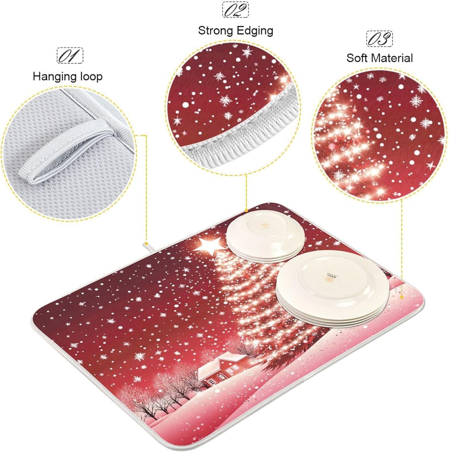 Christmas Tree Red Dish Drying Mat for Kitchen Countertop 18x24 Winter Snow Cabin Xmas Large Drying Mat Reusable Quick Dry Dish Sink Mats Easy Clean Decorative Essentials