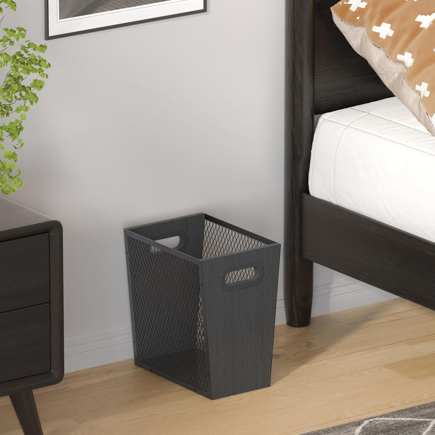 Piskyet Black Office Trash Can for Near Desk, 4.5 Gallon Unique Wood Bedroom Garbage Can,Vintage Wastebasket with Handle, Decorative Trash Can for Home Office,10.8" L x 7.8" W x 11.8" H
