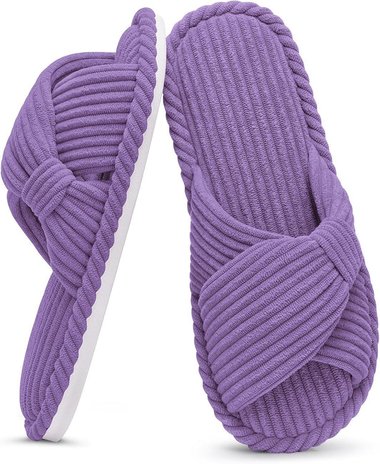 Evshine Summer House Slippers for Women Corduroy Cross Bow Indoor Slippers Open Toe Slip On Bedroom Shoes with Memory Foam