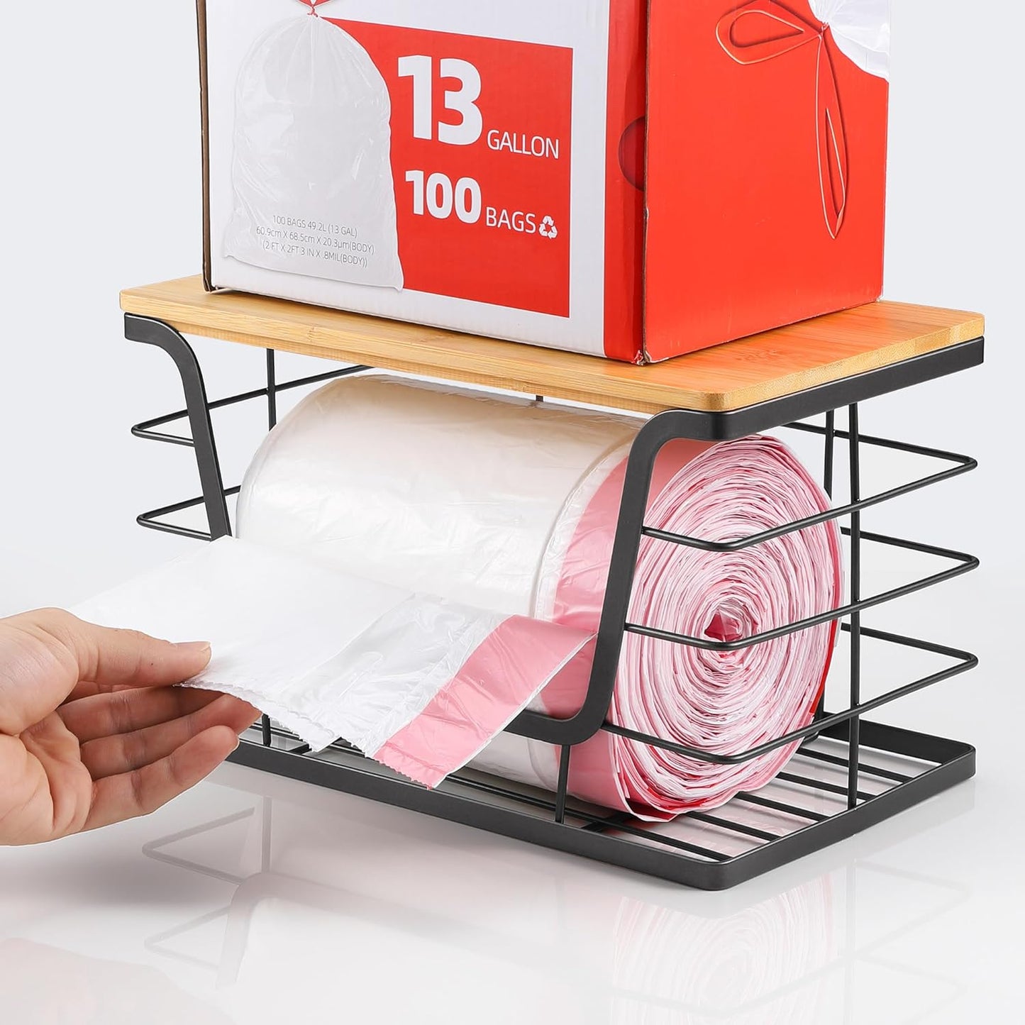 ALOCEO Extra Large Trash Bag Holder Dispenser With Bamboo Top, Wall Mounted Garbage Bag Dispenser Roll Holder for Kitchen Laundry Room Organization