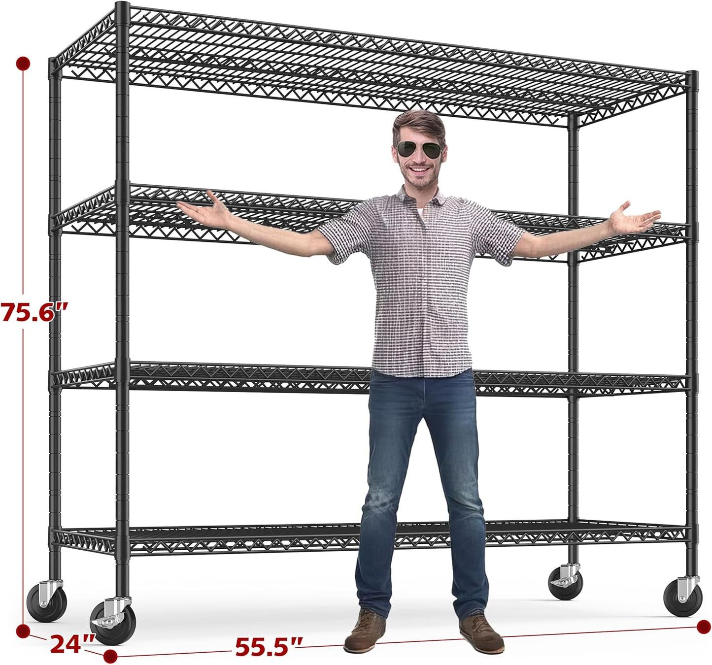 REIBII 75.6" H Storage Shelves 2500LBS Wire Shelving Unit with Wheels Garage Shelving Heavy Duty Metal Shelves for Storage Rack Adjustable Pantry Shelf Commercial Shelving, 75.6" H X 55.5''W X 24" D