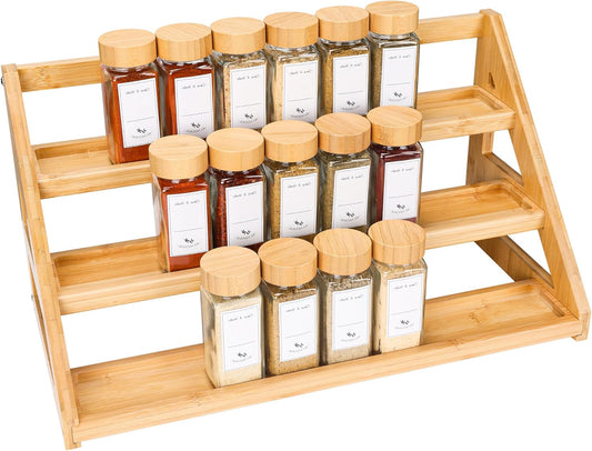 Bamboo Tiered Spice Rack, for Countertop Spice Organizer for Pantry Spice Shelf Organizer Kitchen Spices Rack，Cabinet spice rack，Cabinet seasoning rack