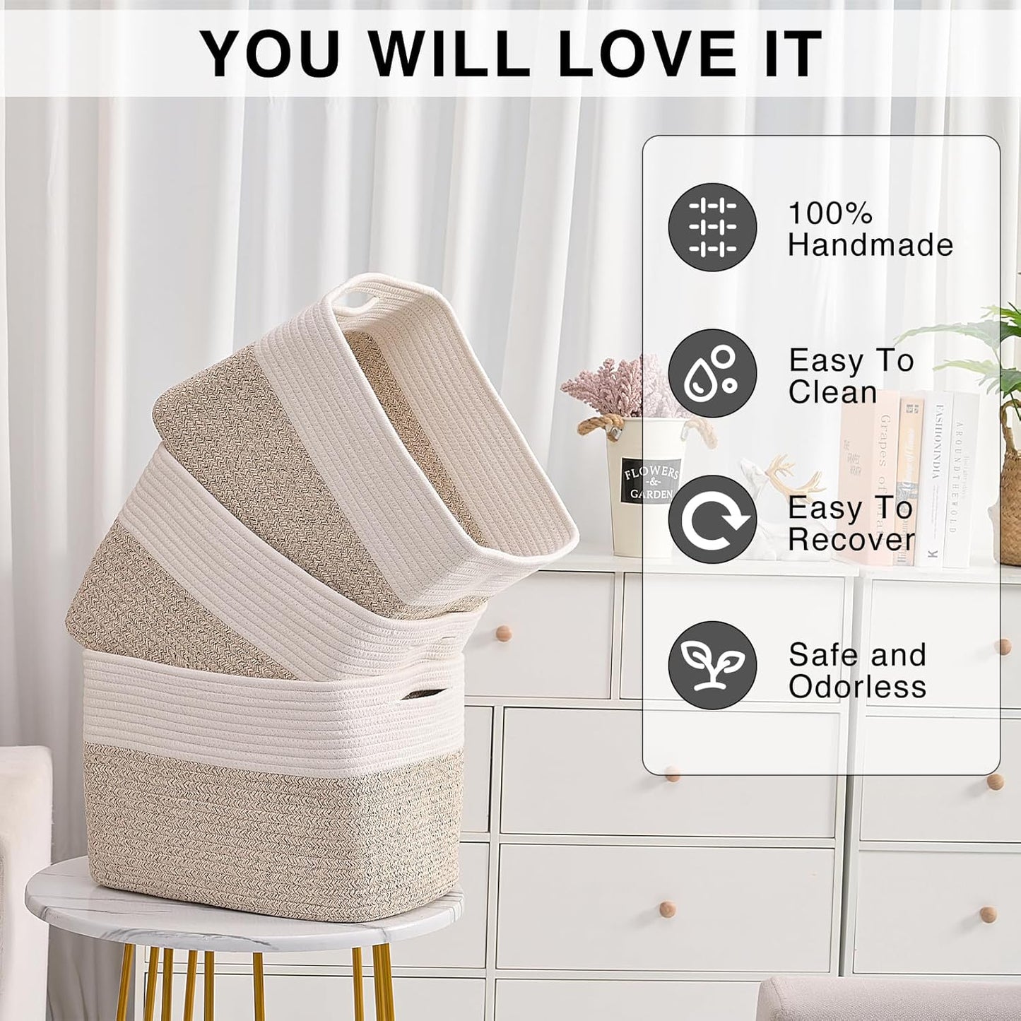 Storage Baskets for Organizing, Woven Cotton Rope Basket for Storage Books, Baby Organizing Baskets, Toy Storage Basket, 15"x11"x9.5", 3 Packs, Off White & Brown