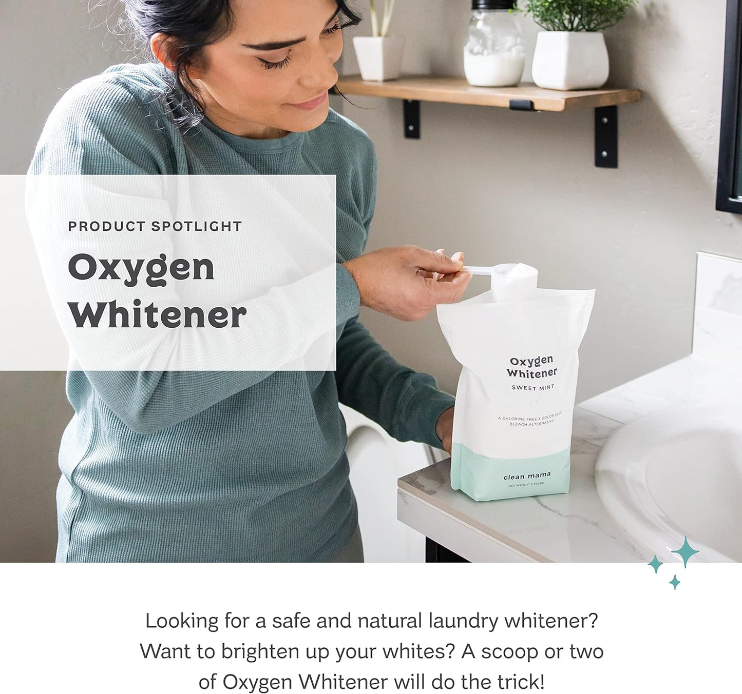 Clean Mama Natural Oxygen Whitener and Stain Remover - Color-Safe Natural Bleach Alternative - Plant-Derived Oxygen Powder, Whitens & Brightens Whites and Colors - Sweet Mint, 2.53 lbs, 2 Pack