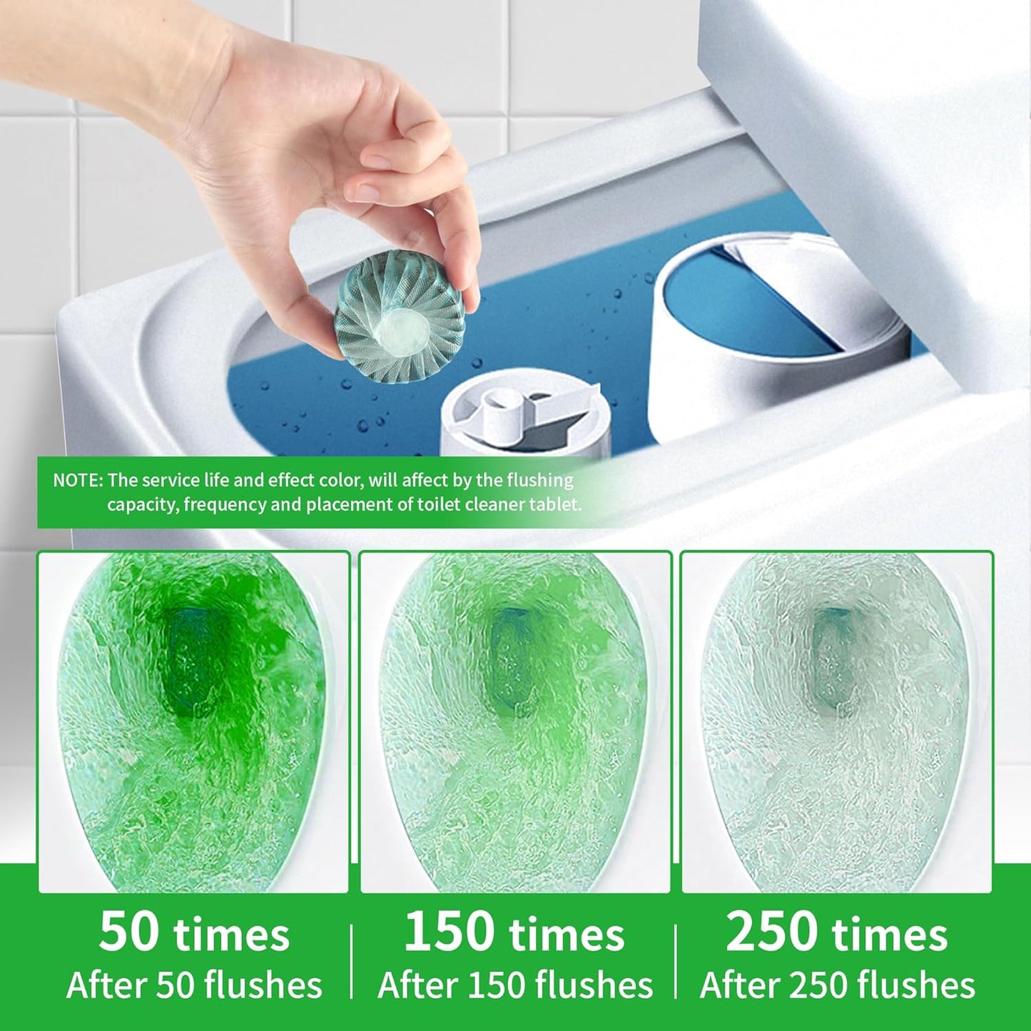 Toilet Bowl Cleaner Tablets, Automatic Toilet Bowl Cleaners, Long-Lasting Toilet Tabs Drop in Tank for Deodorizing & Descaling, Green, 6 Packs