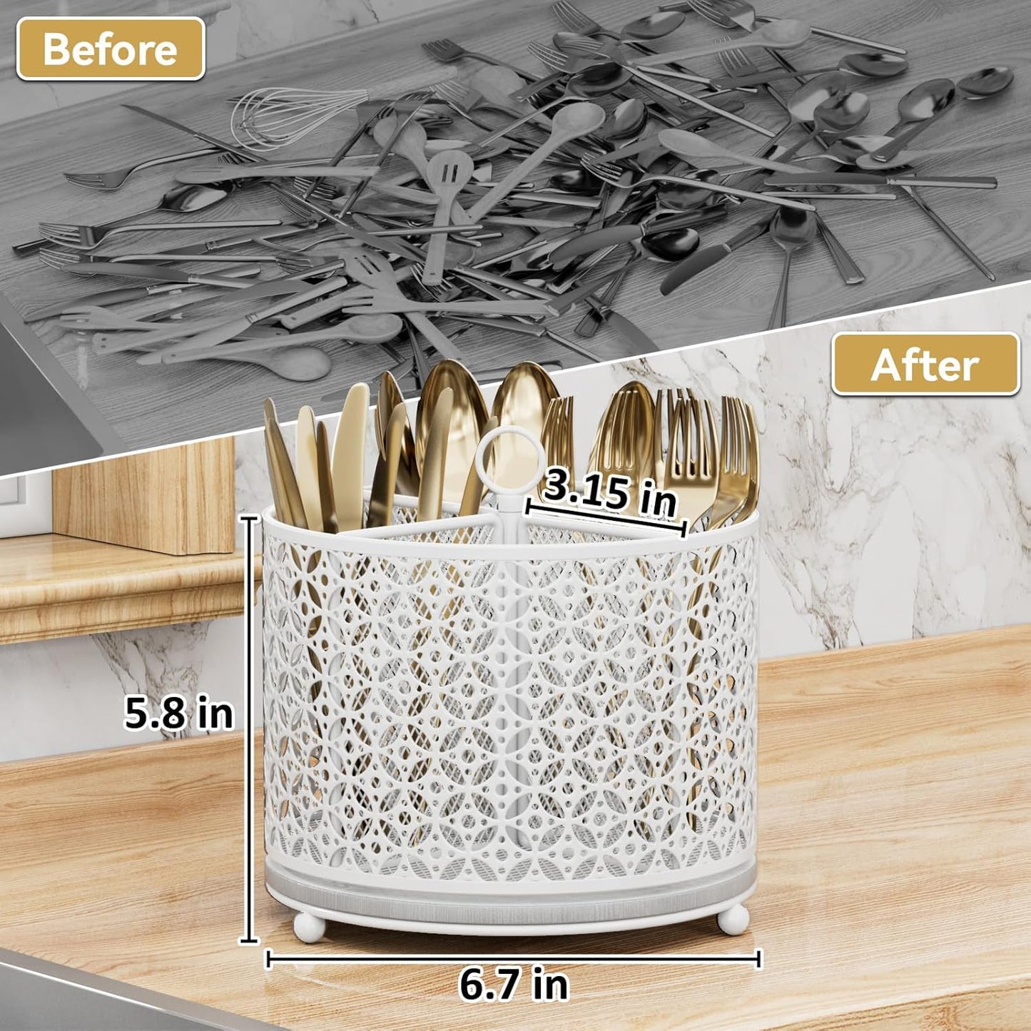 360° Rotating Kitchen Utensil Holder - Fast-Drying Utensils Caddy - 4 Compartment Flatware Silverware Organizer High Raised Cutlery Holder with Handle for Kitchen Countertop Party Picnic Table White
