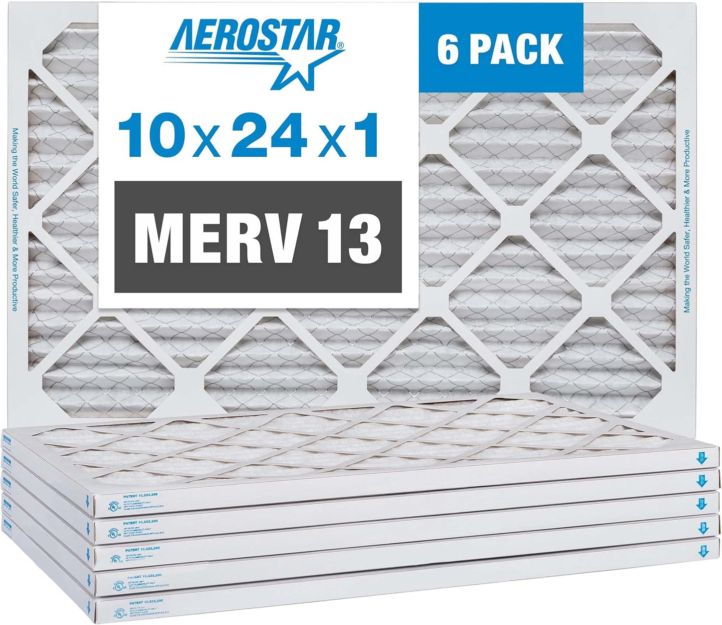 Aerostar 10x24x1 MERV 13, Pleated Air Filter, 10x24x1, Box of 6, Made in the USA
