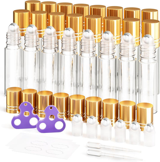 ULG 24-Pack Essential Oil Roller Bottles 10ml, Empty Bottles with Stainless Steel Roller Balls and Waterproof Labels, Clear Roller Balls For Essential Oils