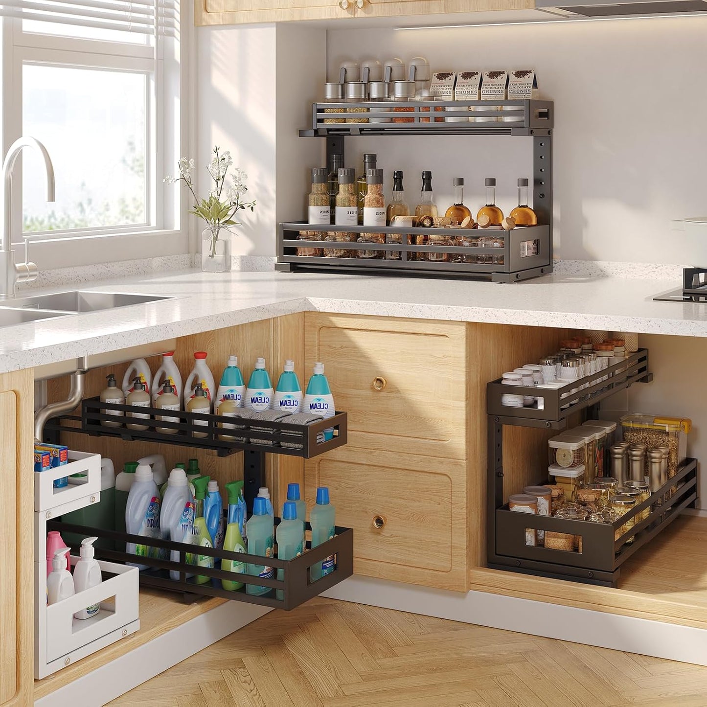 2-Pack 20.47"Deep Under Sink Organizer And Storage,2-Tier L-Shaped Pull Out Cabinet Organizer with Upgraded Slide Rails,Height Adjustable Drawers for Kitchen&Bathroom,Extra-Large Storage Shelves–Black