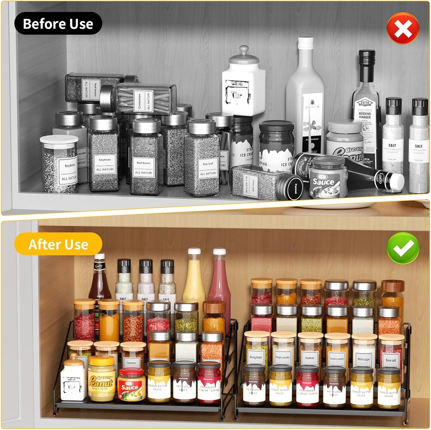 RCHYFEED Spice Rack Organizer for Cabinet Pantry,4 Tier Spice Rack Countertop,Tierd Spice Organization Easy Visibility, Depth Adjustable Seasoning Organizer for Cabinet (Black, 2Pack)