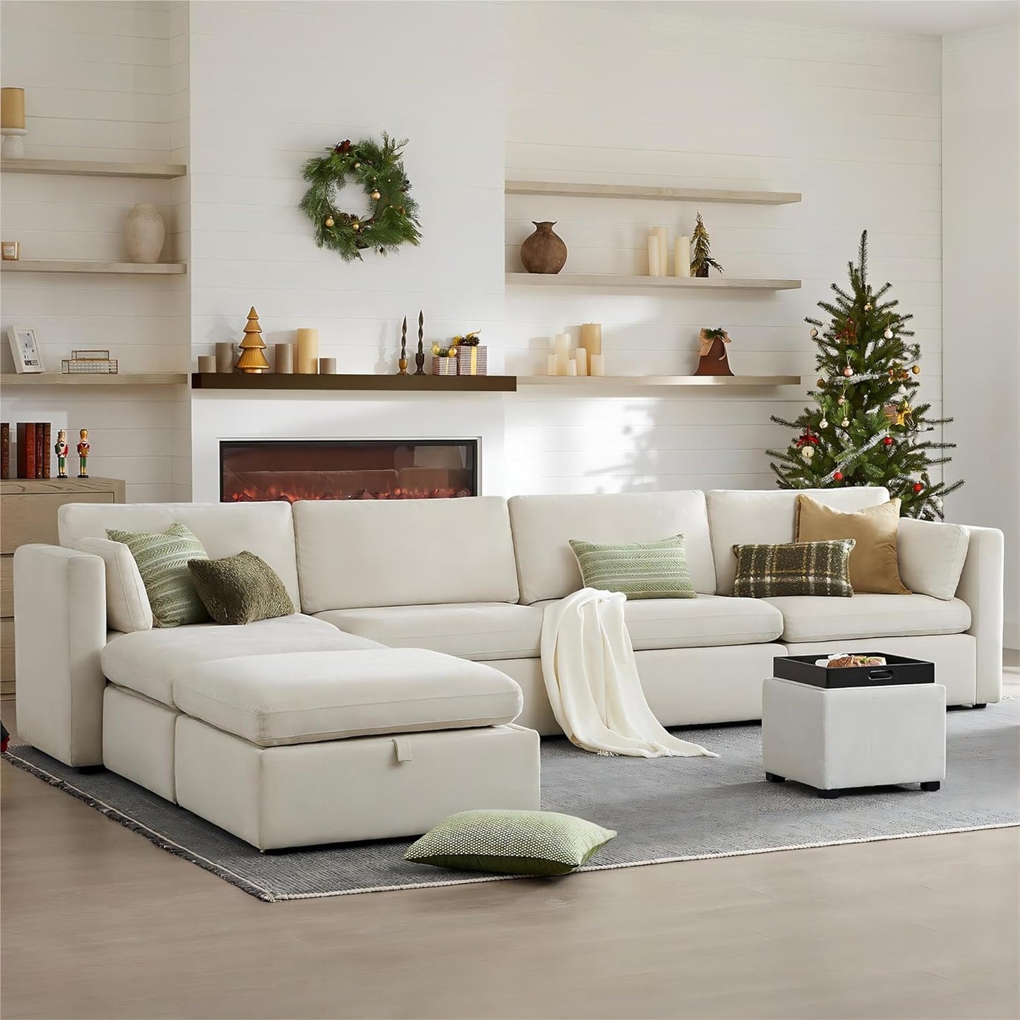 CHITA Oversized Modular Sectional Fabric Sofa Set, FSC Certified Extra Large U Shaped Couch Reversible Chaise Modular Sectional Couch, 146 inch Width, 6 Seat Modular Sofa with Storage Ottomans, Linen