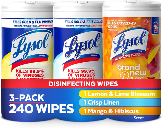 Lysol Disinfectant Wipes Bundle, Dorm Room Essentials, Multi-Surface Cleaning Wipes, For Disinfecting & Cleaning, Lemon & Lime Blossom, Crisp Linen, Mango & Hibiscus, 3x80 ct
