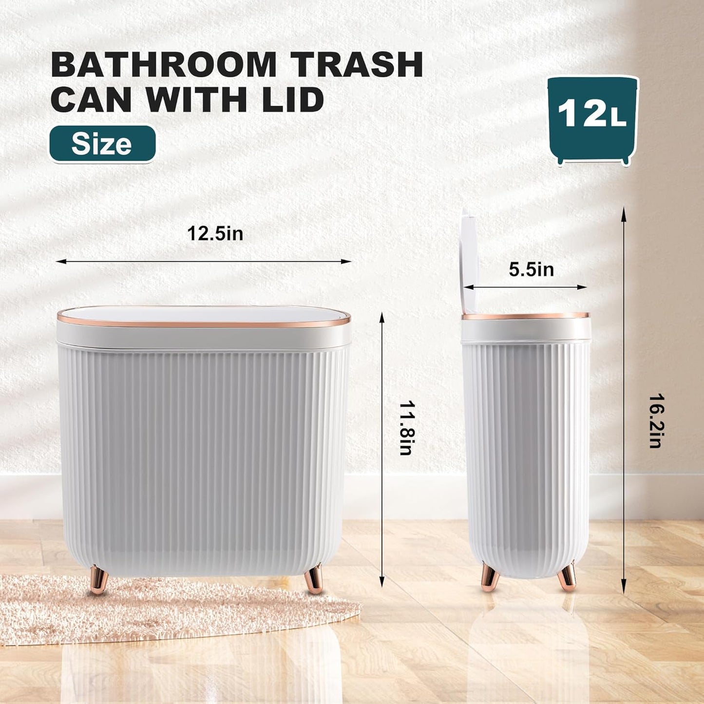Bathroom Trash Can with Lid 3.2 Gallon Narrow Trash Can Small Plastic Trash Bin 12 Liter Rectangular Plastic Garbage Can with Press Type Lid for Bedroom Bathroom Milk White