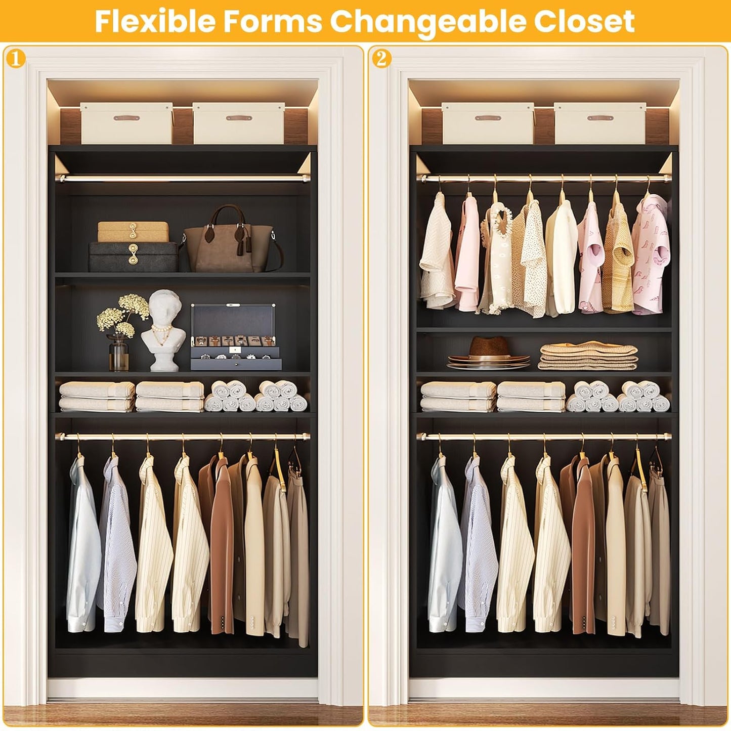 Unikito 3FT Freestanding Closet System with 2 Hanging Rods & Adjustable Shelve, 36'' Wood Closet Organizer System, Clothes Garment Rack, Sturdy Walk-in Closet Tower, Easy Assembly, Hold 800LBS, Black