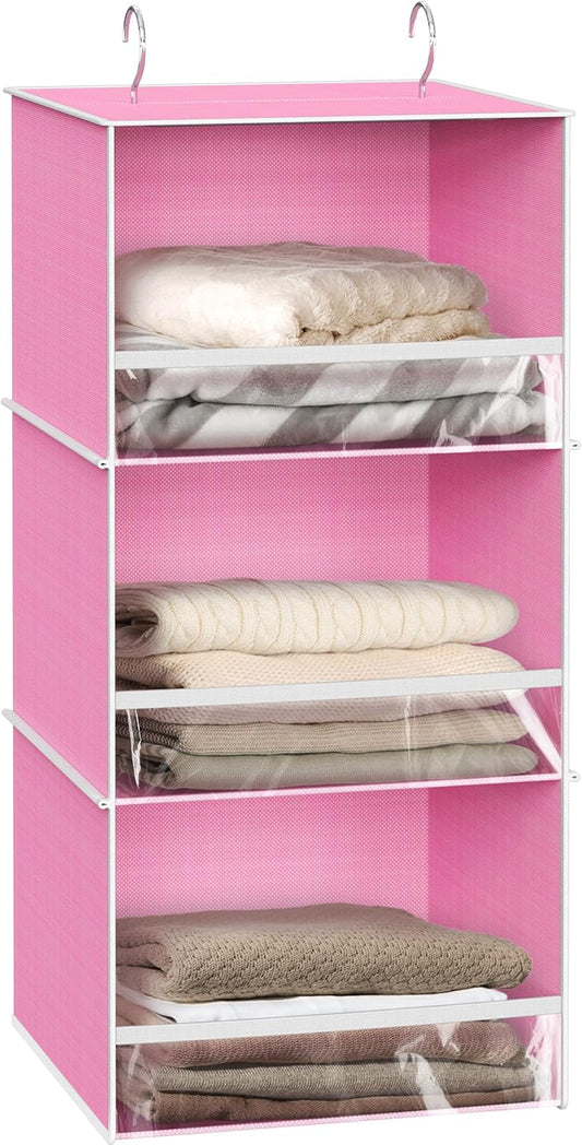 Simple Houseware 3 Shelf Hanging Closet Organizer with Front Stopper, Pink