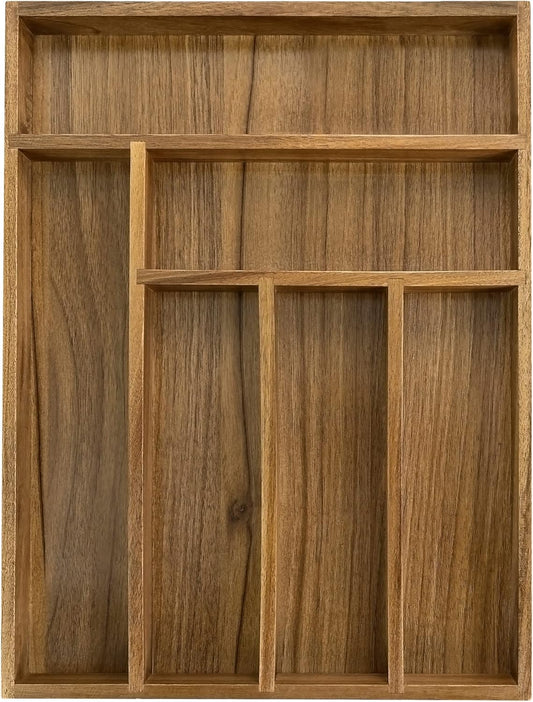 Luxury Acacia Kitchen Drawer Organizer - Silverware Organizer - Utensil Holder and Cutlery Tray with Grooved Drawer Dividers for Flatware and Kitchen Utensils (6 Slot)