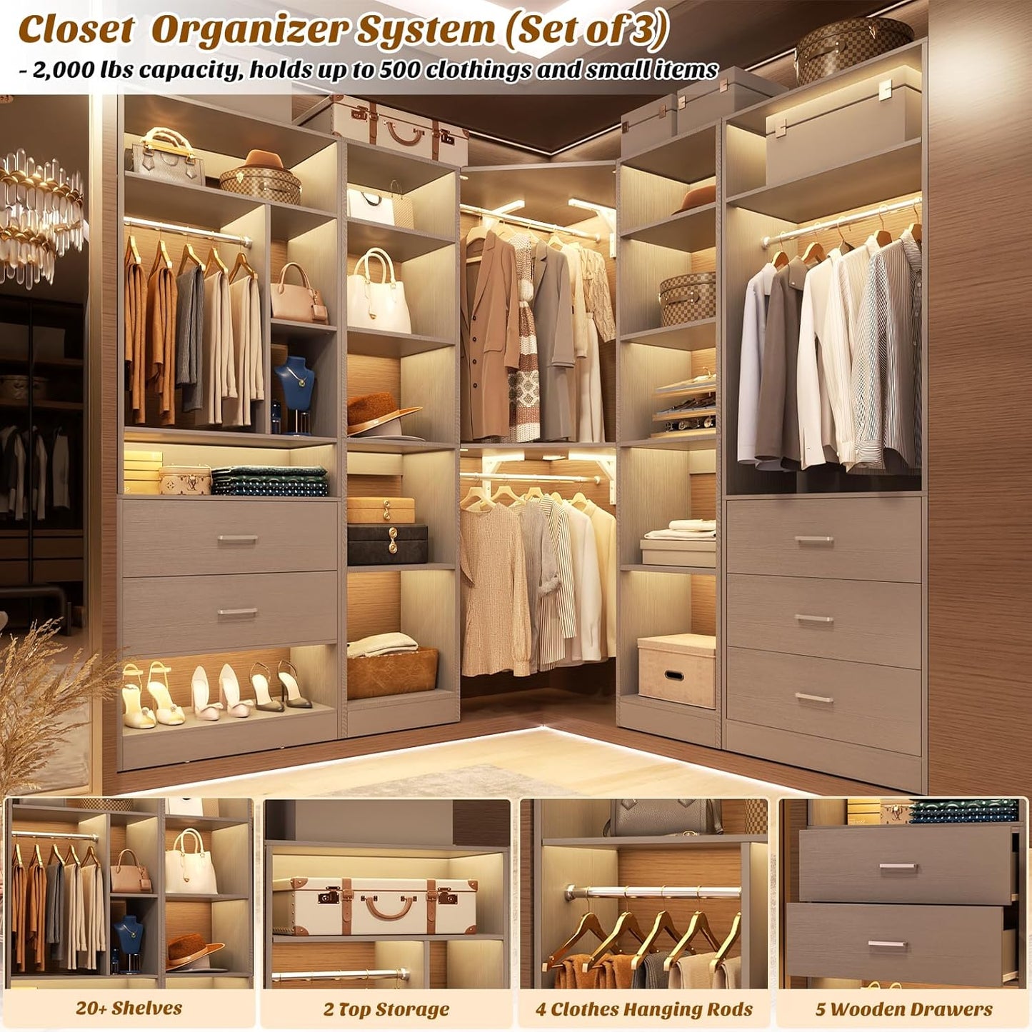 Corner Closet System with 5 Drawers, Closet Organizer System with 15+Shelvess & 4 Hanging Rods, 63.2"L * 63.2"W / 87.2"L * 39.2"W Reversible L Shaped Walk-in Closets, Load 2500+LBS, Grey