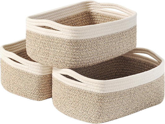 Small Baskets for Organizing, Decorative Storage Baskets for Shelves, Storage Bins, Woven Baskets for Storage, Mini Basket for Nursery, 13"×8.5"×5.1" (3 Packs) Off White & Brown