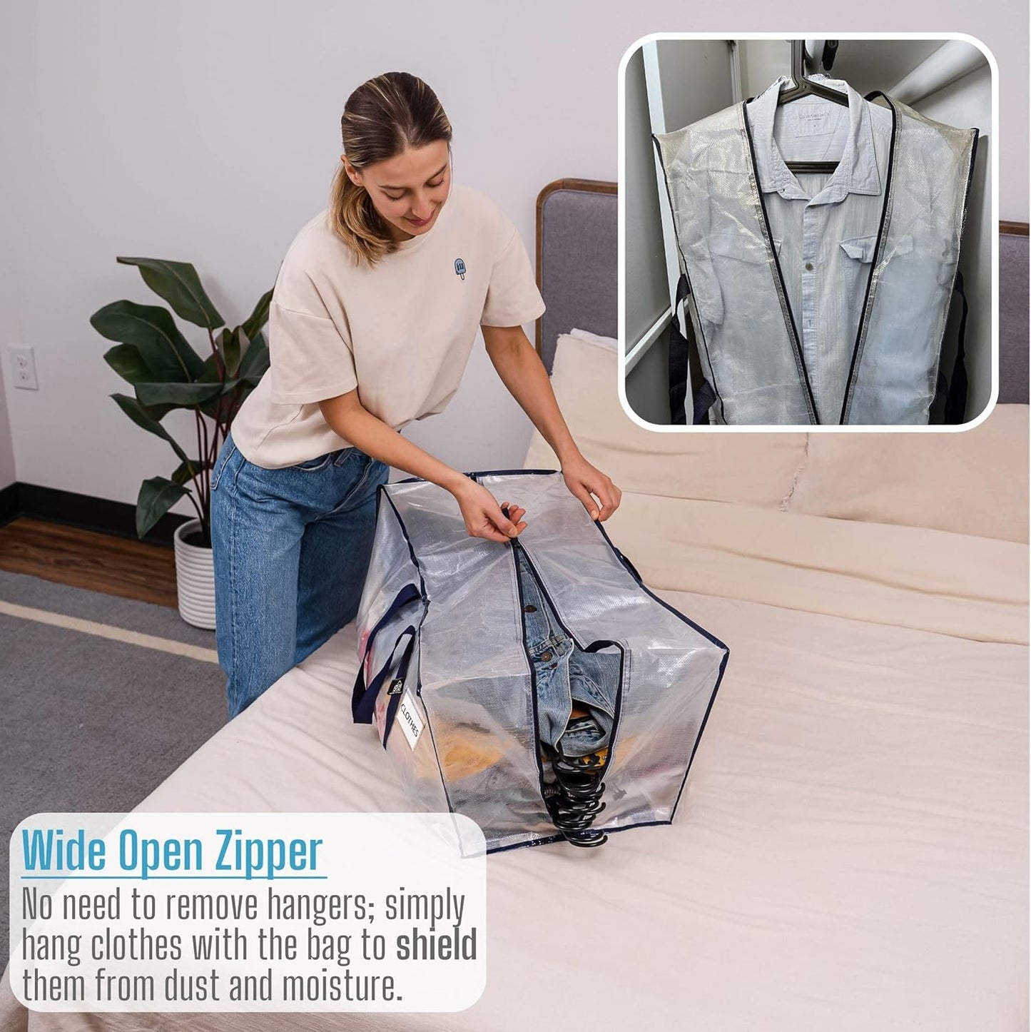 VENO 8 Pack Moving Bags Plastic Storage Totes Clothes Organization Large W Lid/Zipper. Packing Boxes/Bins Alternative. Space Saving Foldable College Supplies Essentials (Clear, 8 Pack)