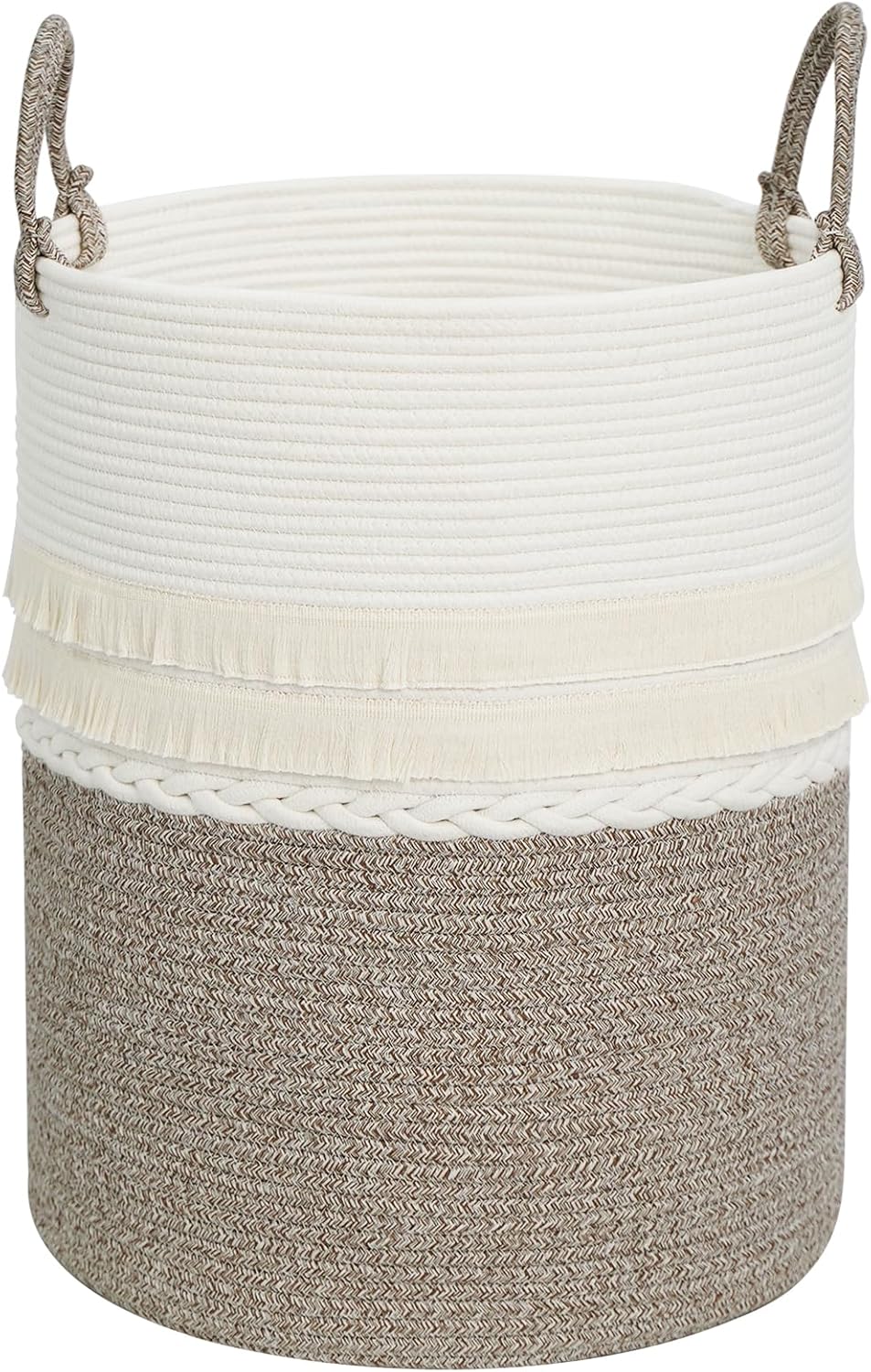 danpinera 79 L Large Laundry Basket, Tall Woven Cotton Storage Hamper with Handles, Dirty Clothes Hamper in Bathroom, Decorative Storage Basket for Living Room White & Brown