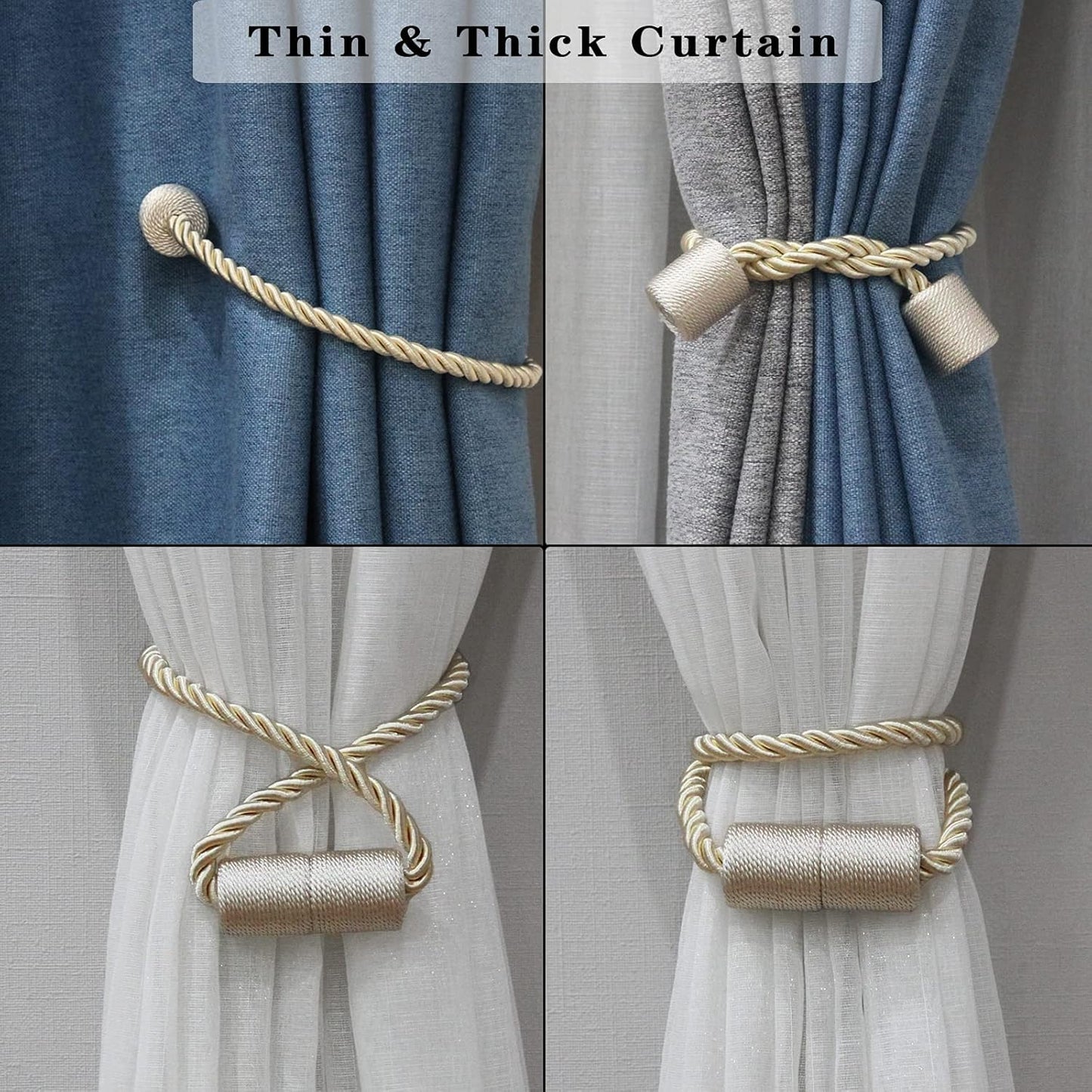 2 Pack Beige Strong Magnetic Curtain Tiebacks Outdoor Elegant Decorative Tie Backs Modern Rope Tiebacks for Drapes Window Curtain Holdbacks for Draperies