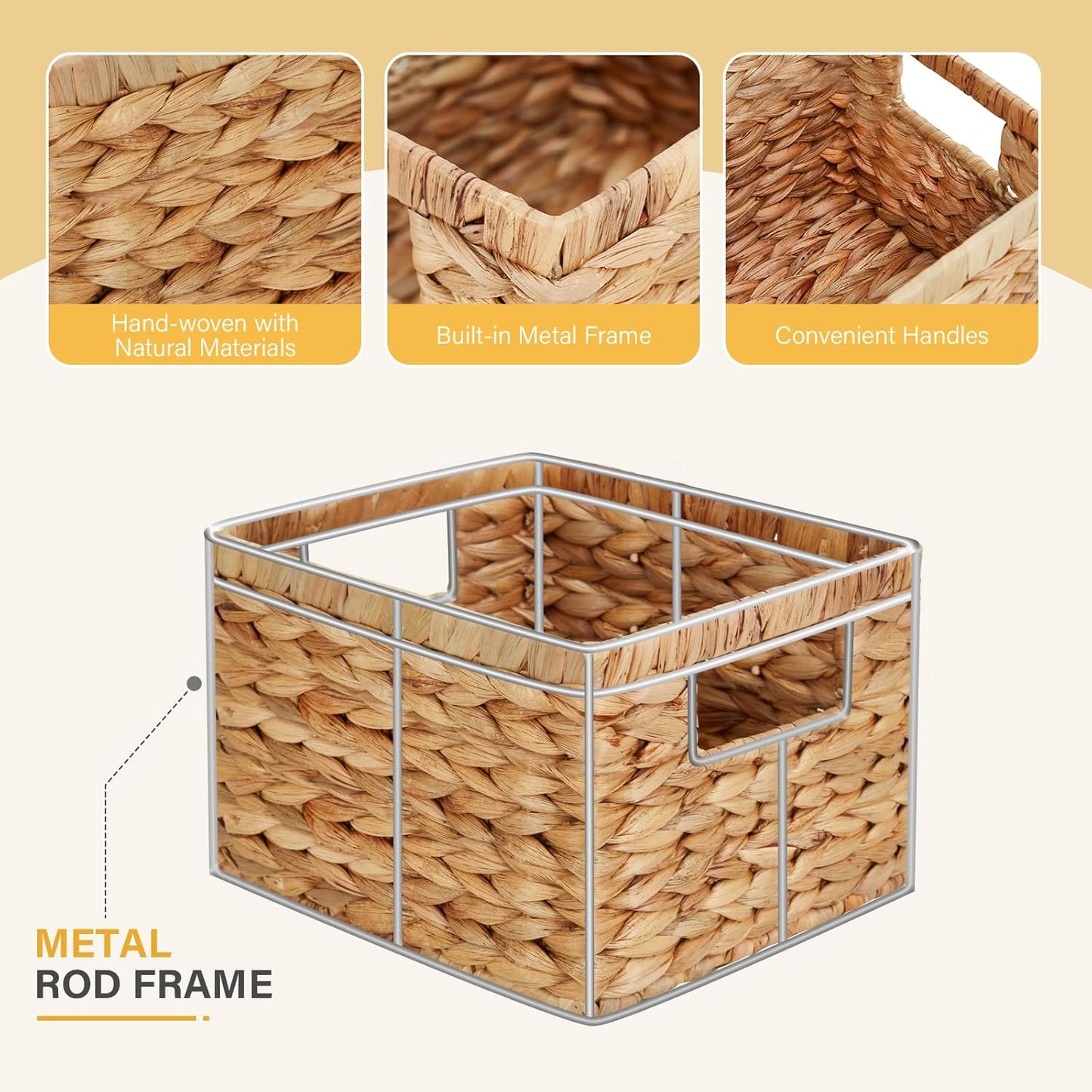 Water Hyacinth Wicker Basket, Decorative Woven Baskets with Built-in Handles, Hand-woven Storage Organizer for Organizing Pantry, Livingroom, Bedroom, Shelves, Toilet(2-PACK, Natural)