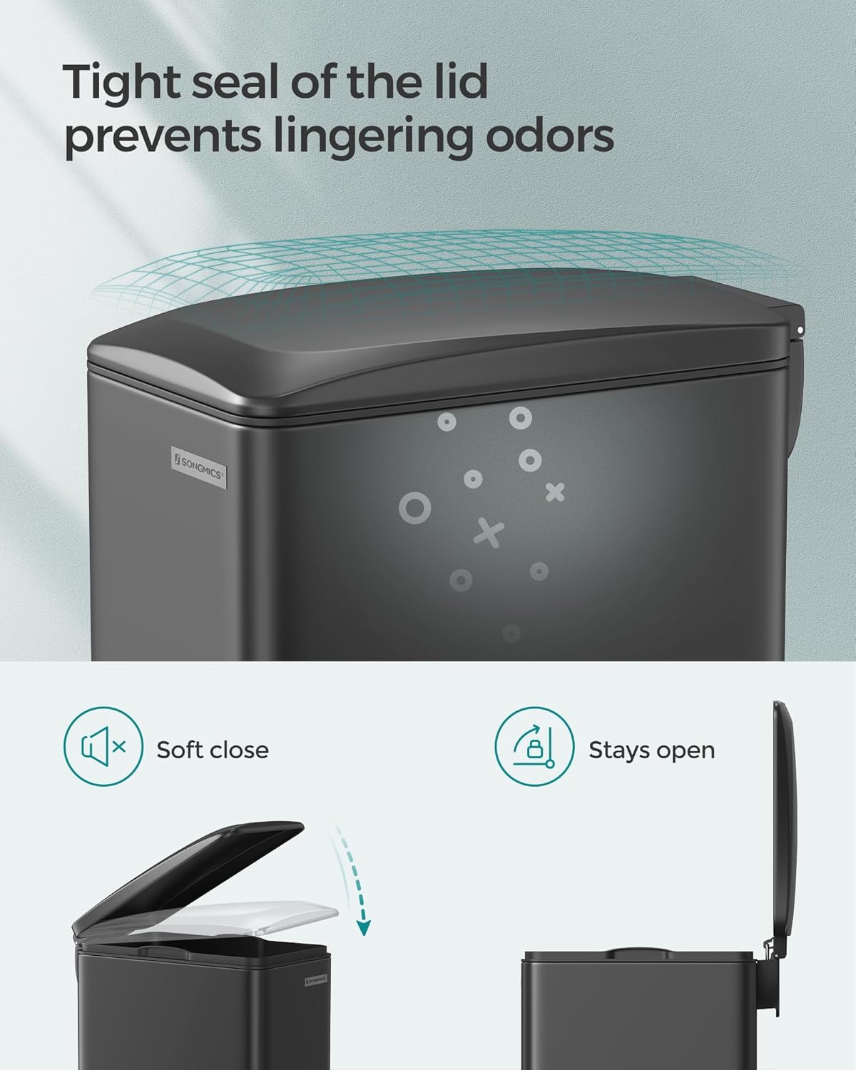 SONGMICS Slim Trash Can, 13-Gallon (50 L) Garbage Can for Narrow Spaces with Soft-Close Lid, Inner Bucket, and Step-on Pedal, Stainless Steel, 15 Trash Bags Included, Black ULTB510B48