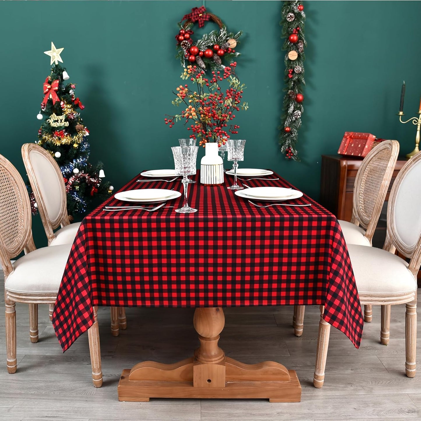 Gingham Xmas Tablecloth Fabric - Oblong 58x120 Water Resistant Christmas Plaid Table Cloth for Indoor/Outdoor Use - Red Tabletop Cover Perfect for Birthday, Picnics, Gardens