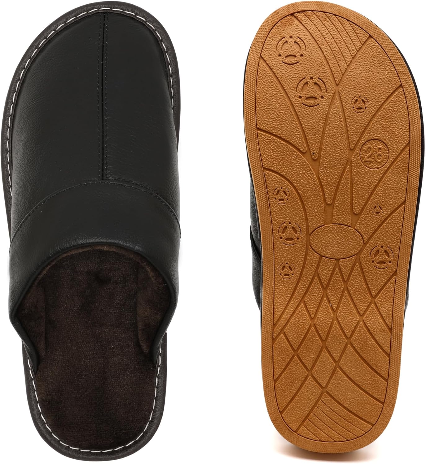 Slippers for Women Men, Genuine Leather Slippers Indoor Outdoor, Fuzzy Bedroom House Shoes for Women Men, Plush Lining Womens Sandals Slip-on