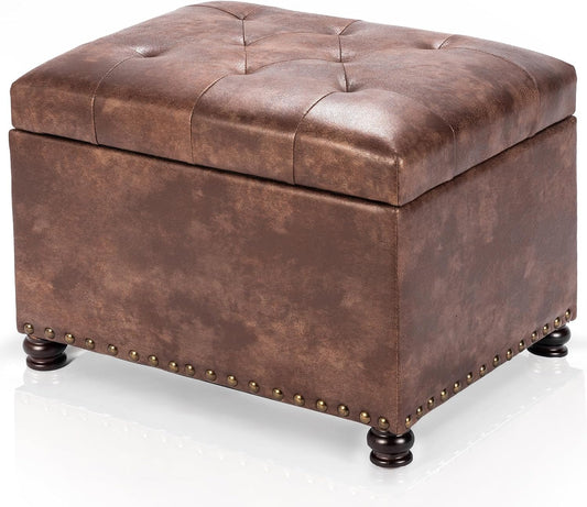 Joveco Leather Storage Ottoman, 24" Rectangle Tufted Square Upholstered Bench, Foot Rest Stool with Wood Legs, Footstool for Living Room Bedroom, Coffee
