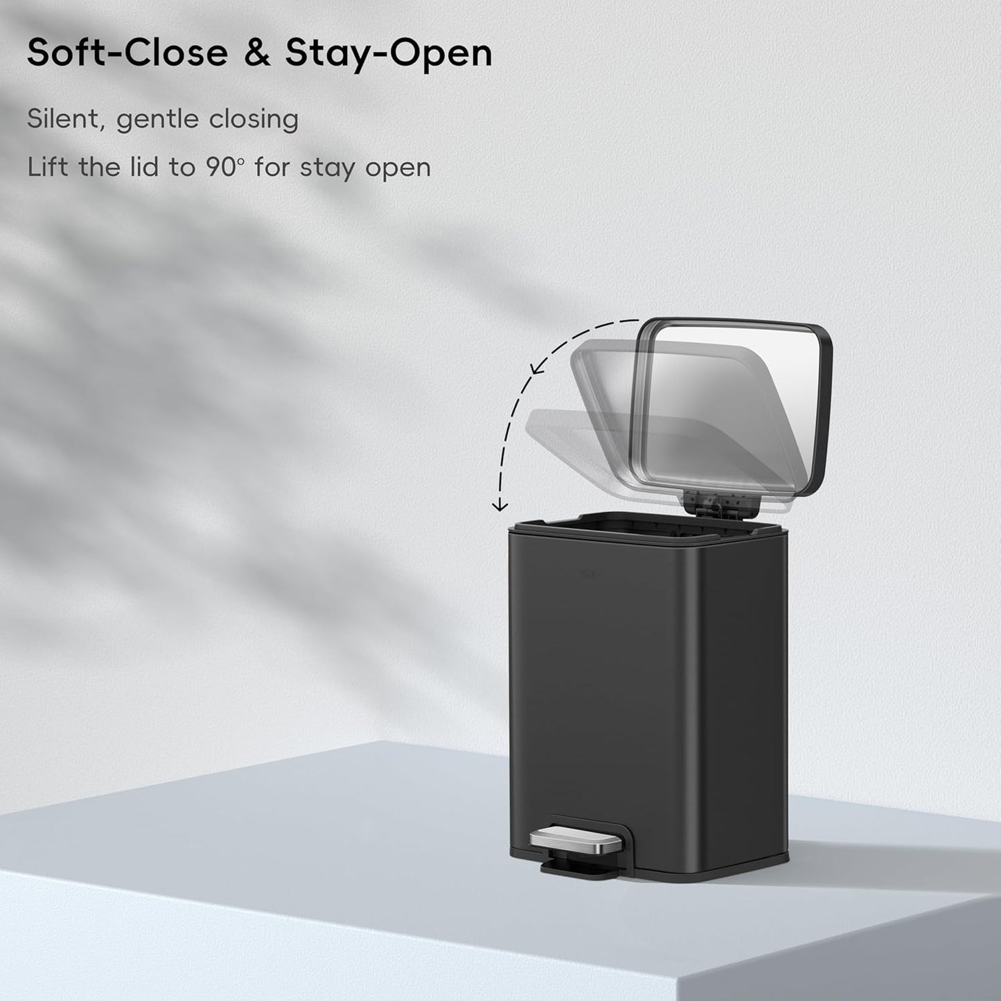 EKO Madison Matte Black 6L / 1.6 Gal Bathroom Trash Can with Lid and Removable Inner Basket, Rectangular Small Step Trash Can, Brushed Stainless Steel