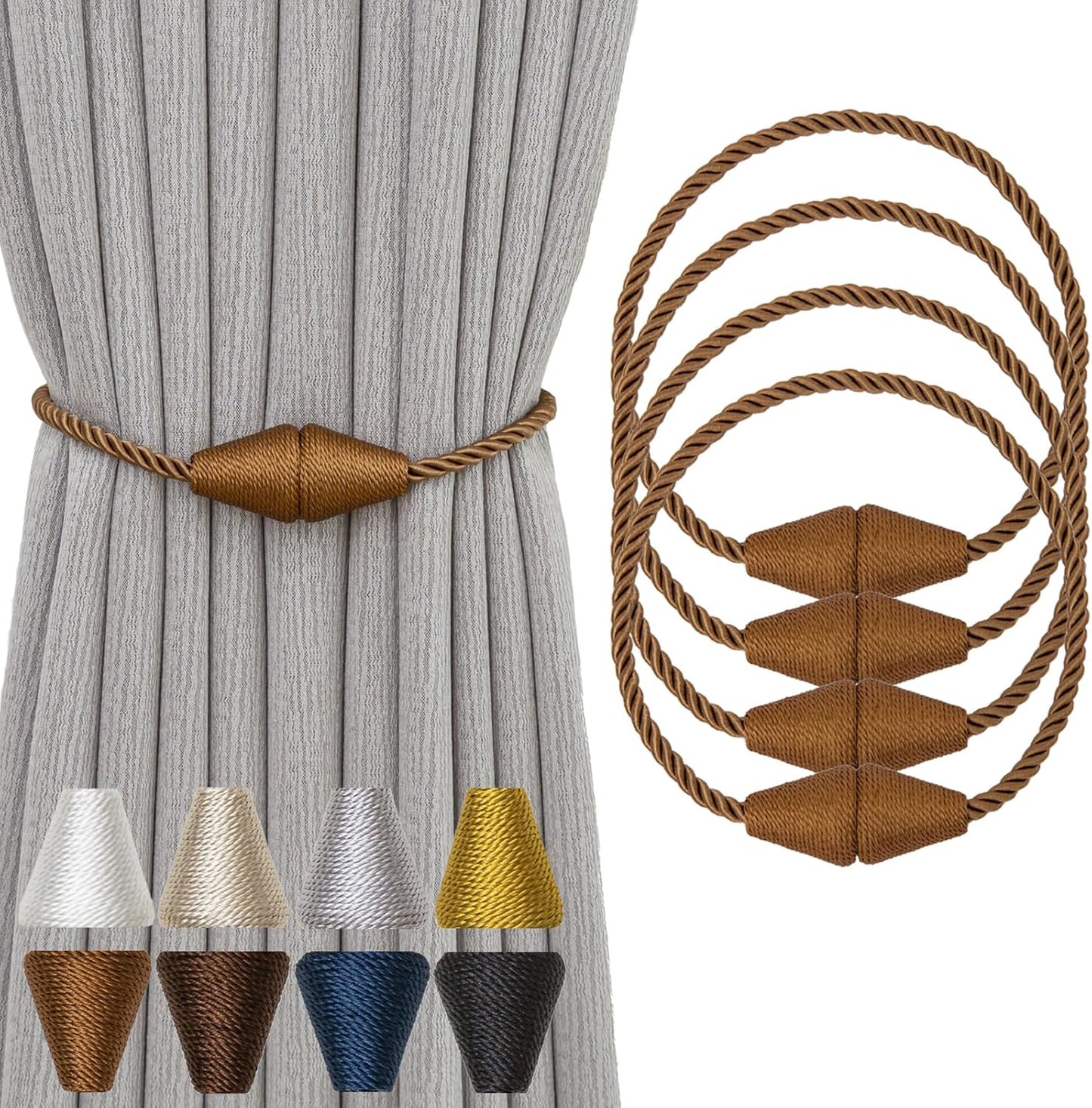 Magnetic Curtain Tiebacks 4 Pack Outdoor Rope Curtain Tie Backs Decorative Window Treatment Holdbacks for Home Decorative Curtain, Khaki