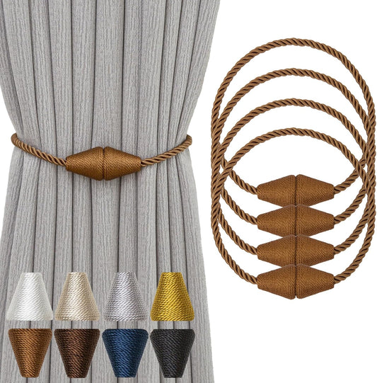 Magnetic Curtain Tiebacks 4 Pack Outdoor Rope Curtain Tie Backs Decorative Window Treatment Holdbacks for Home Decorative Curtain, Khaki