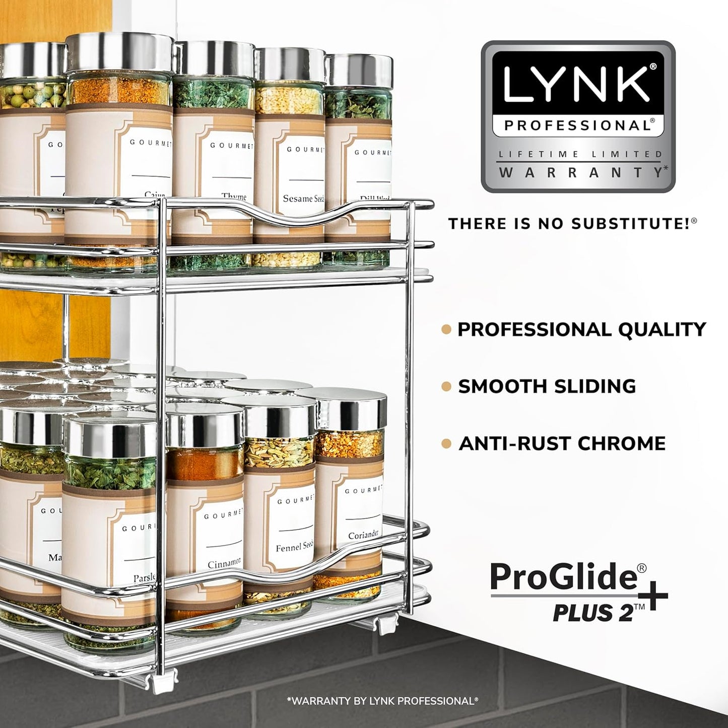 LYNK PROFESSIONAL® Pull Out Spice Rack Organizer for Inside Kitchen Cabinets - 8-1/4 inch Wide - Slide Out Drawer – Chrome Sliding Spice Cabinet Organization Shelf Racks - 2 Tier