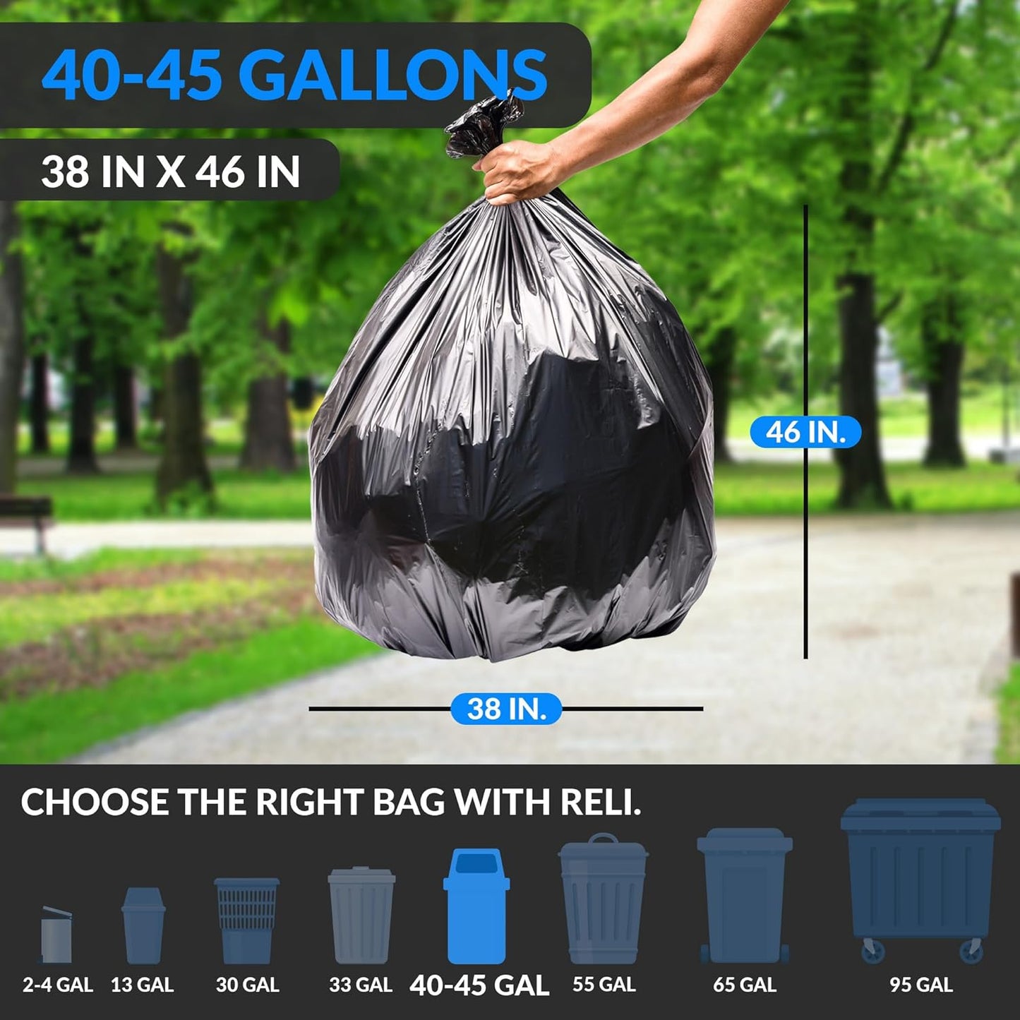 Reli. 40 to 45 Gallon Trash Bags Heavy Duty | 250 Trash Bags | Super Sizeable, Black, Garbage for Serious Cleanup