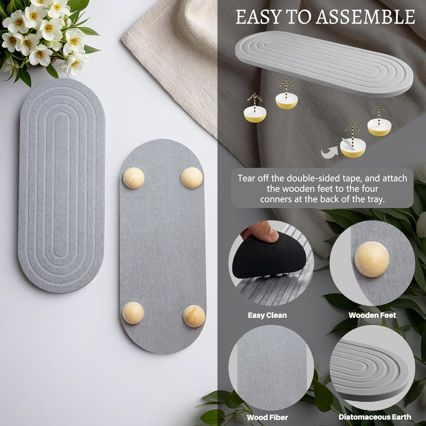 Instant Dry Sink Caddy Organizer, Fast Drying Sink Caddy, Water Absorbing Stone Sponge Holder for Kitchen and Bathroom Countertop with Natural Loofah and Wooden Feet