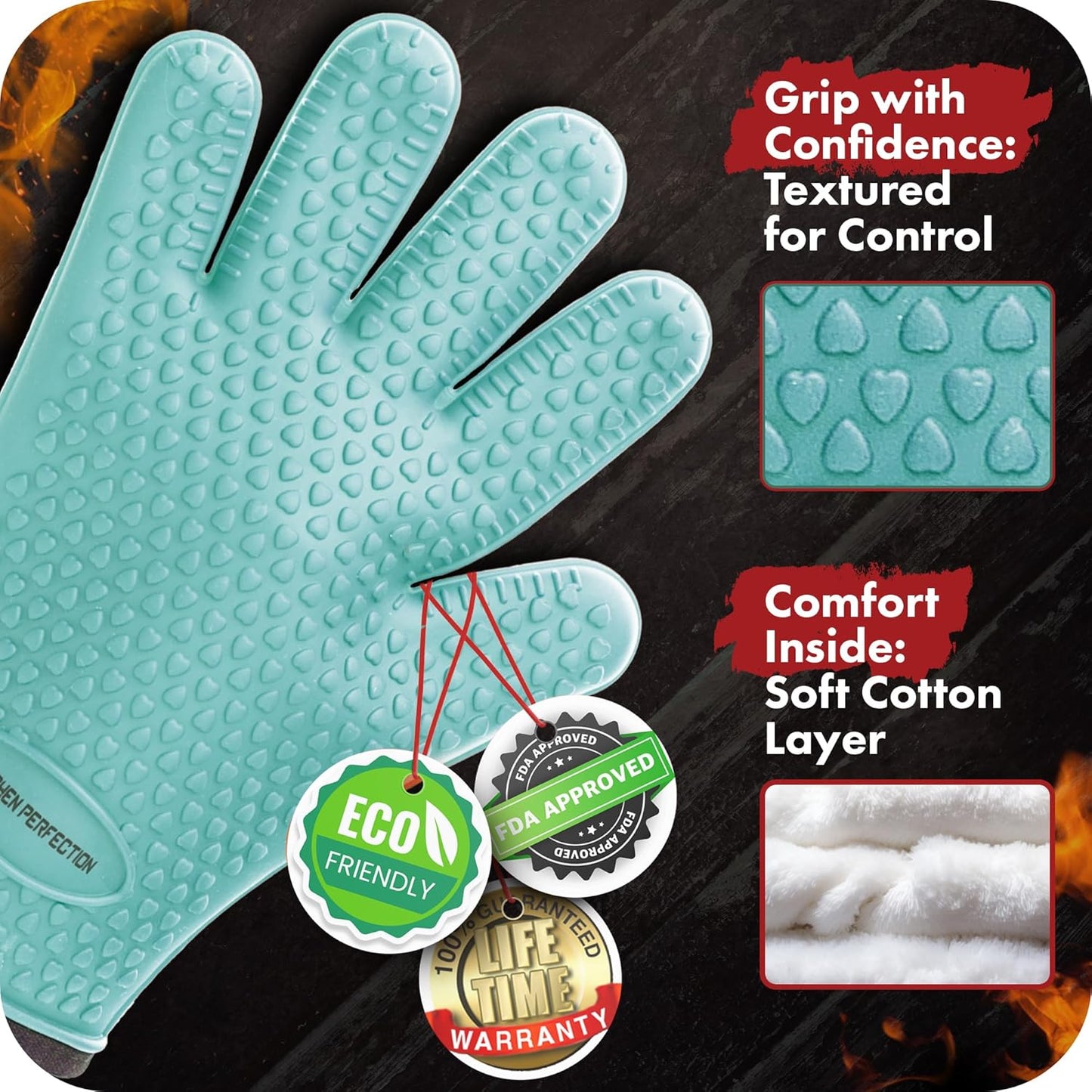 KITCHEN PERFECTION Silicone Smoker Oven Gloves -Extreme Heat Resistant BBQ Gloves -Handle Hot Food Right on Your Smoker Grill Fryer Pit|Waterproof Oven Mitts Grill Gloves |Superior Value Set+3 Bonuses