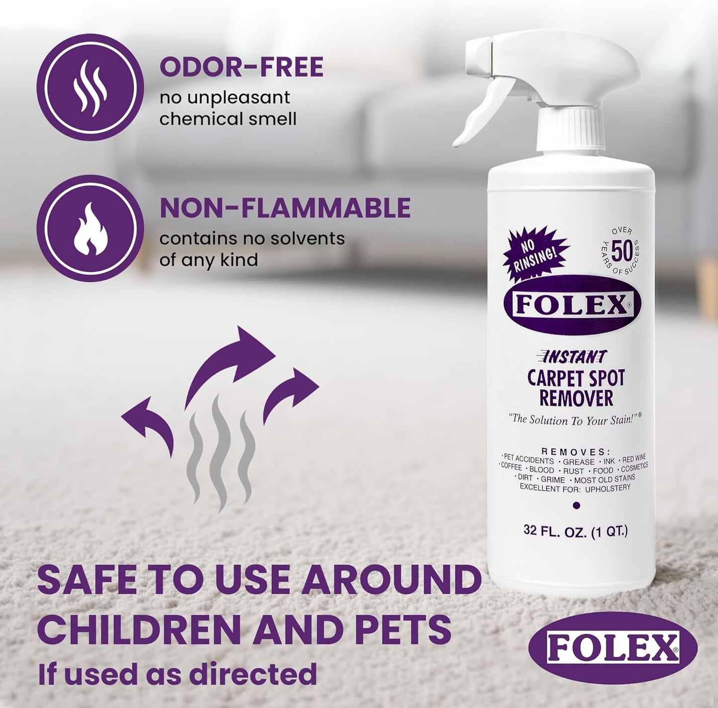 FOLEX Instant Carpet Spot Remover 128 oz - Powerful Stain Remover for Carpets, Upholstery & Rugs - Eliminates Pet Stains, Grease, Red Wine, Food, Makeup & More - With Reusable Cleaning Cloth - 1 Pack