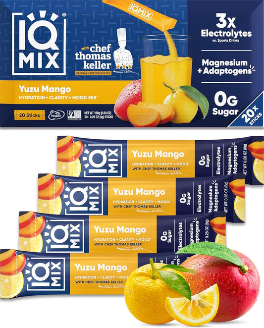 IQMIX x Chef Thomas Keller - Hydration Electrolyte Powder – 4-in-1 Formula for Hydration, Mental Clarity, Mood and Recovery – Sugar-Free, Keto, Magnesium L-Threonate, Lion’s Mane – 20 Count Yuzu Mango